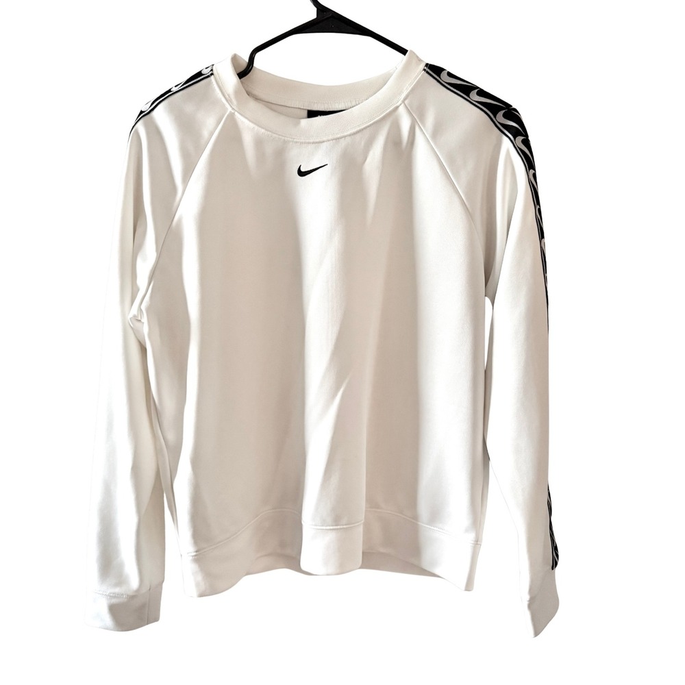 Nike Sportswear Womens White Crewneck Sweatshirt Repeating Swoosh Tape Sleeve S